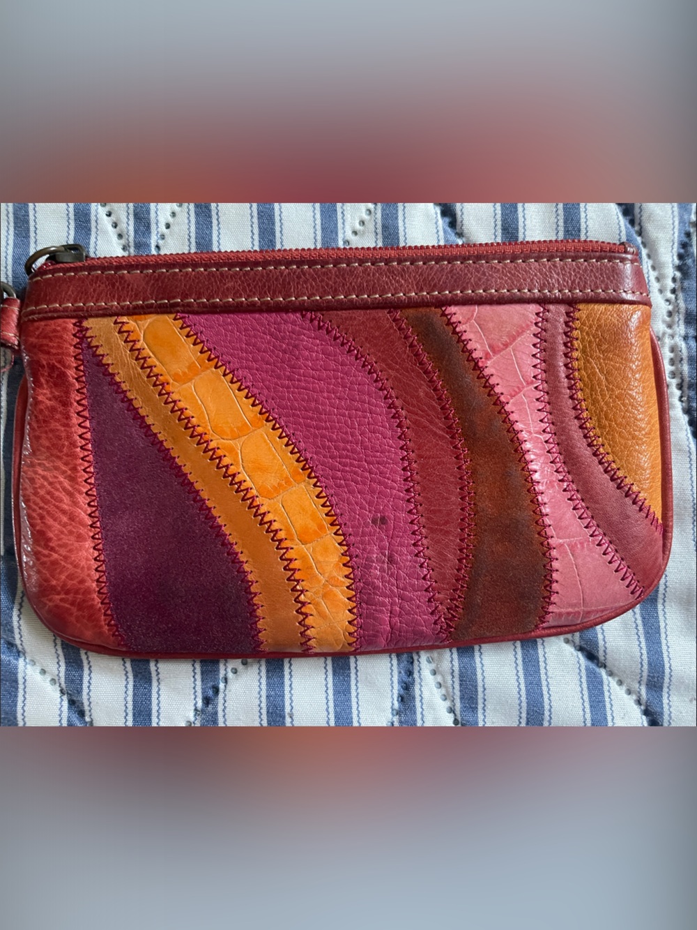 Fossil Patchwork VINTAGE Leather Wristlet in Pink, Orange, Brown
